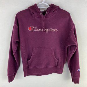 CHAMPION Spellout Reverse Weave Womens Sweatshirt Size Small Burgundy Hooded